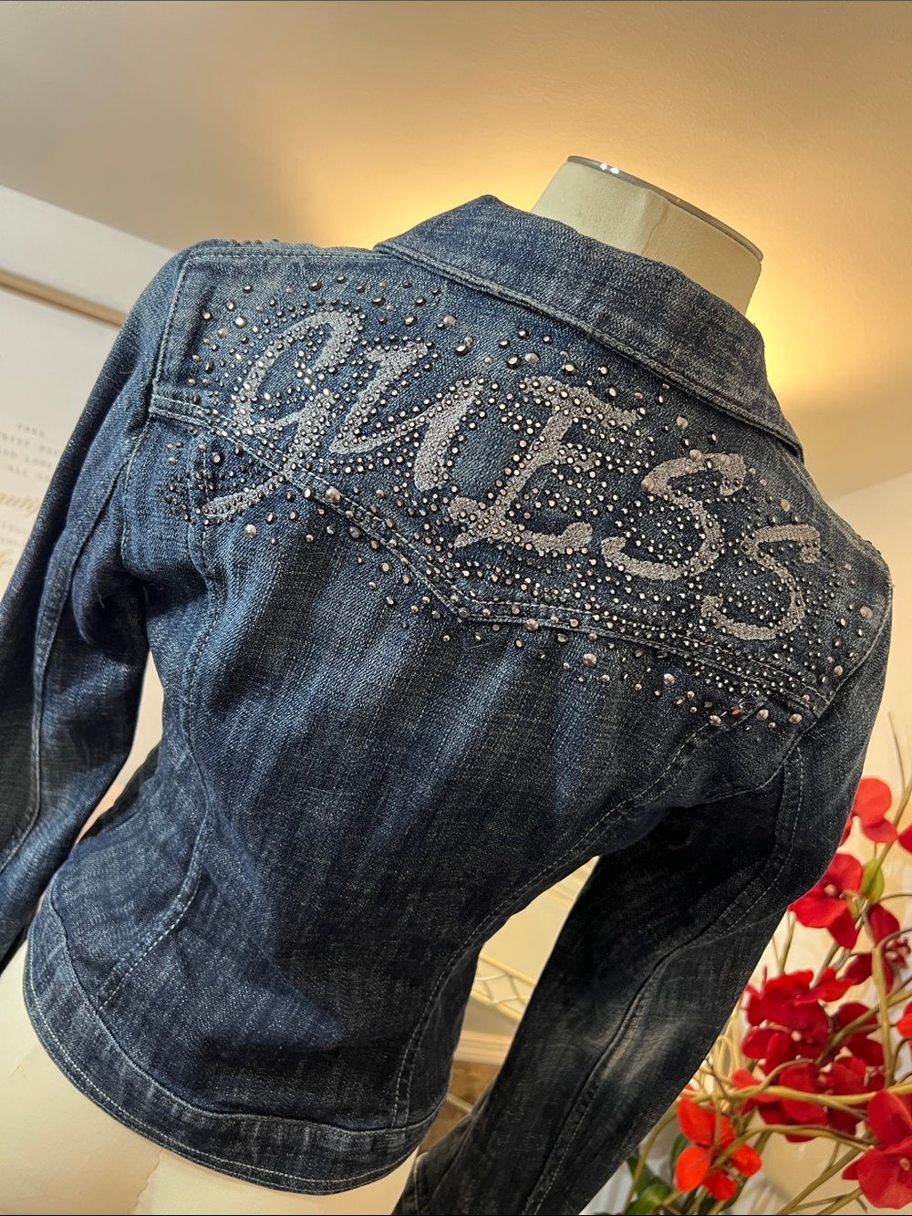 Y2K Guess Premium Dark Blue Denim Jacket with Studded Logo Size Medium